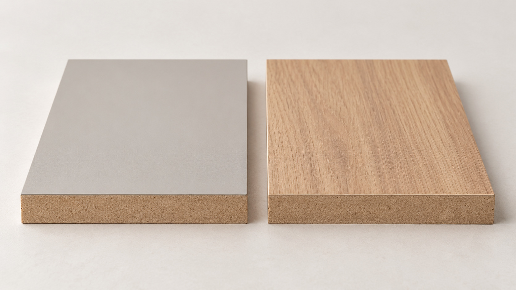 Dos muestras de MDF: una revestida con laminado decorativo gris y otra con chapa de madera, con los bordes del tablero visibles